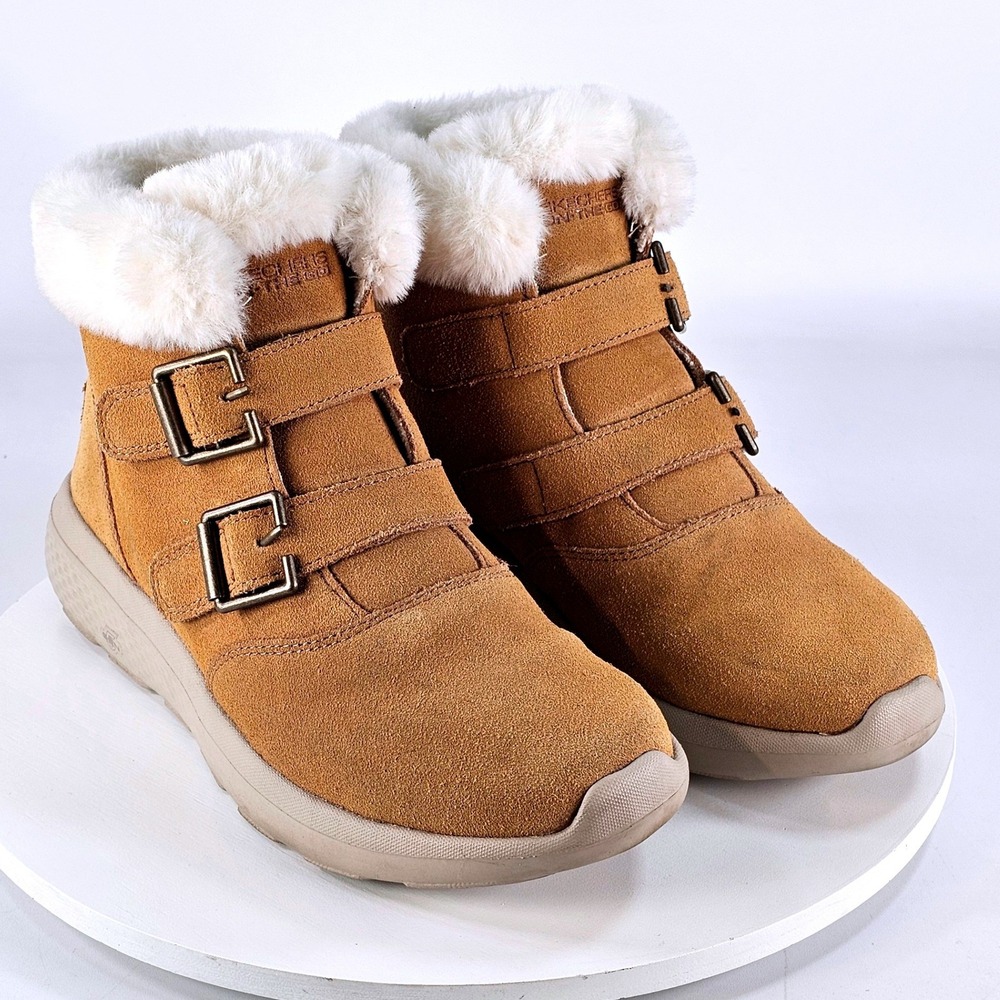 Skechers On-the-GO City 2 Women 7 Tan Suede Faux Fur Buckle Ankle Boots Winter